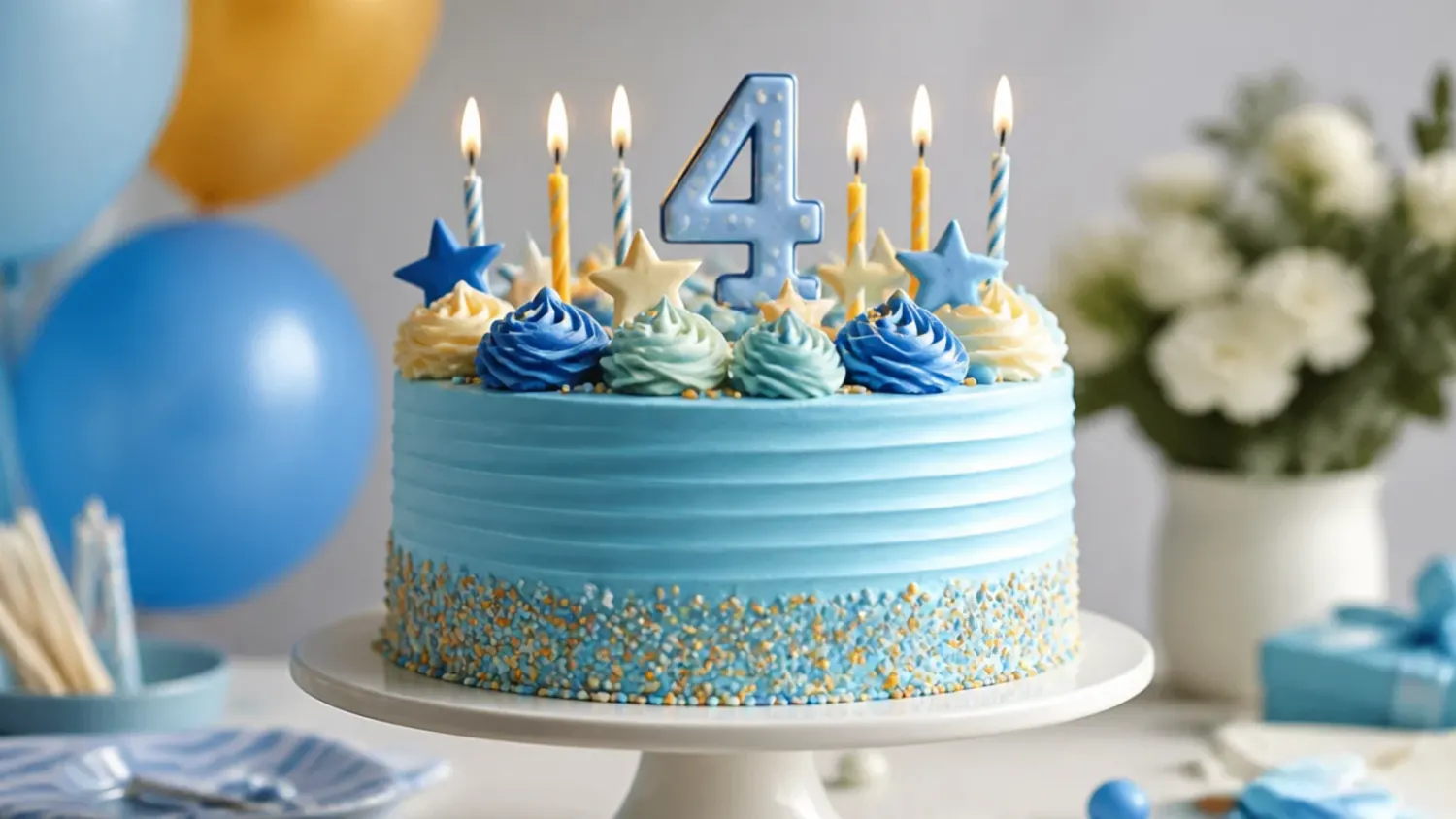A round two-tier cake iced in sky blue and navy buttercream with orange dot accents and piped paw prints around the base, finished with a dog-bone cake topper