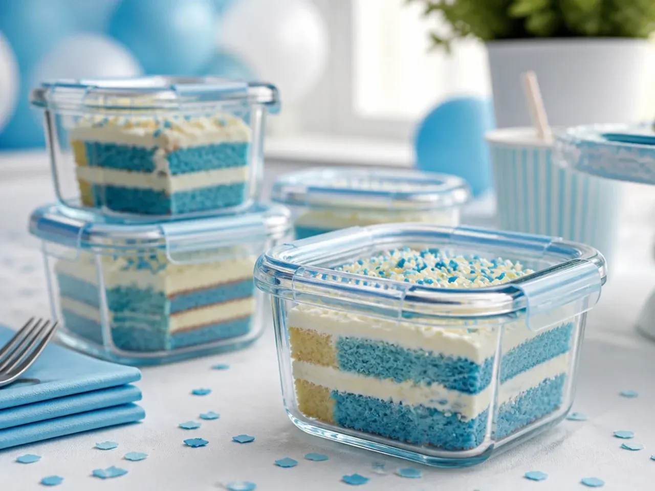 Slices of decorated Bluey-inspired birthday cake stored in an airtight container in the fridge