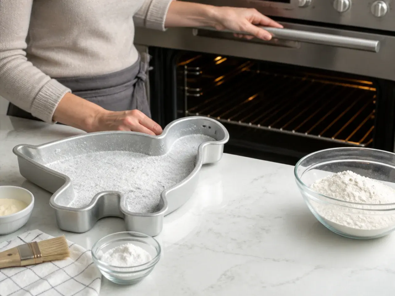 simple dinosaur cake — step 1: prep pans and oven