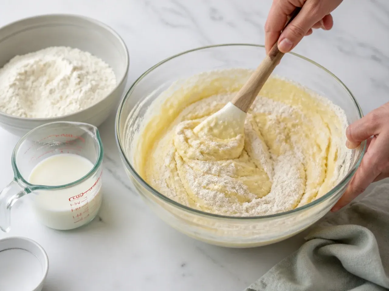 simple dinosaur cake — step 4: fold in flour and milk