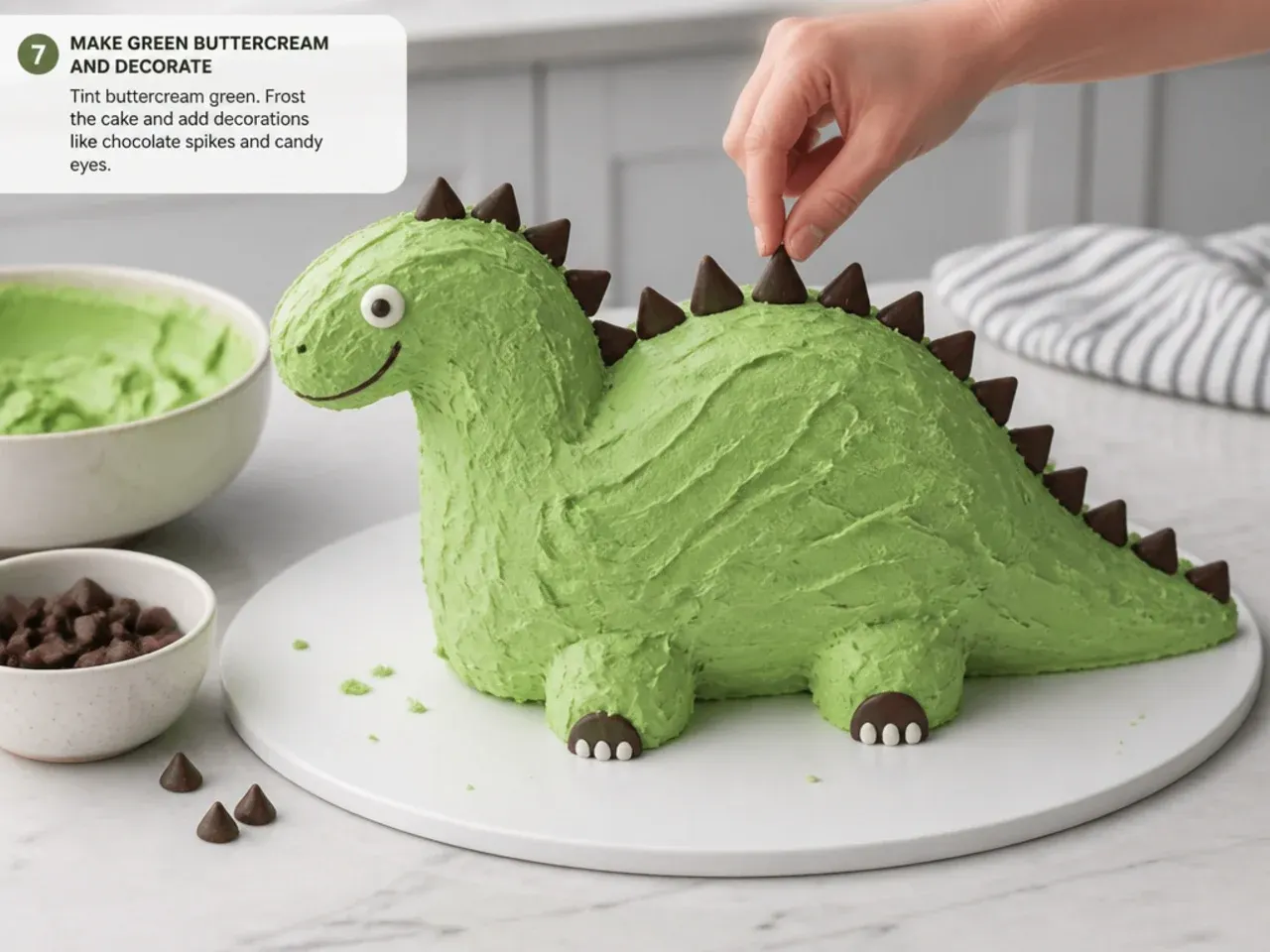 simple dinosaur cake — step 7: make green buttercream and decorate