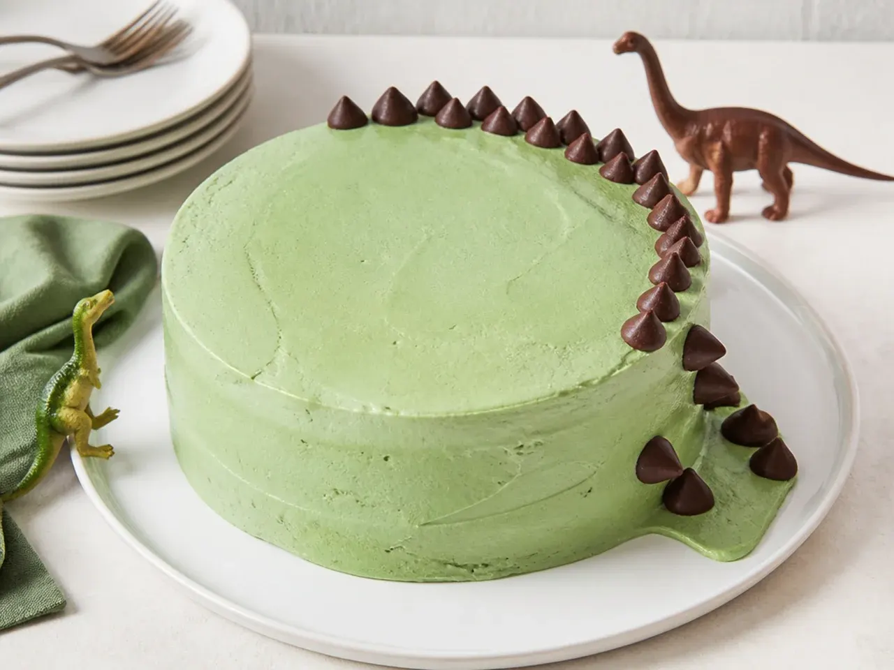 Simple round dinosaur cake with green buttercream and chocolate-chip spike ridge