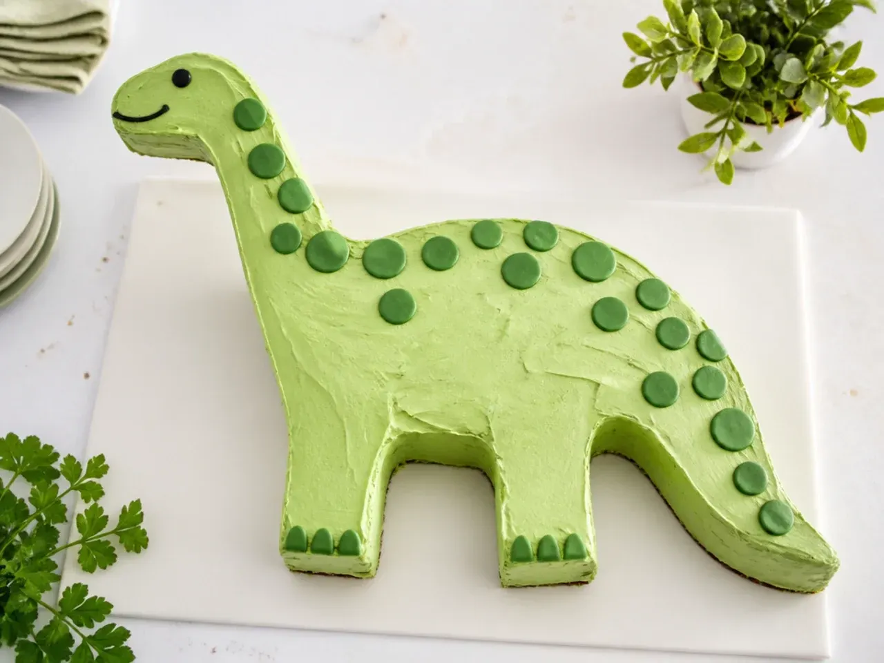 Easy standing dinosaur cake cut from a sheet cake into a long-necked dino shape