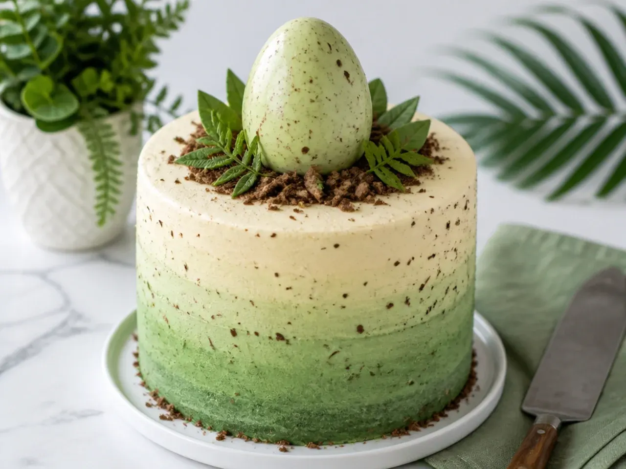 Elegant dinosaur egg cake with smooth ombre green buttercream and brown speckles