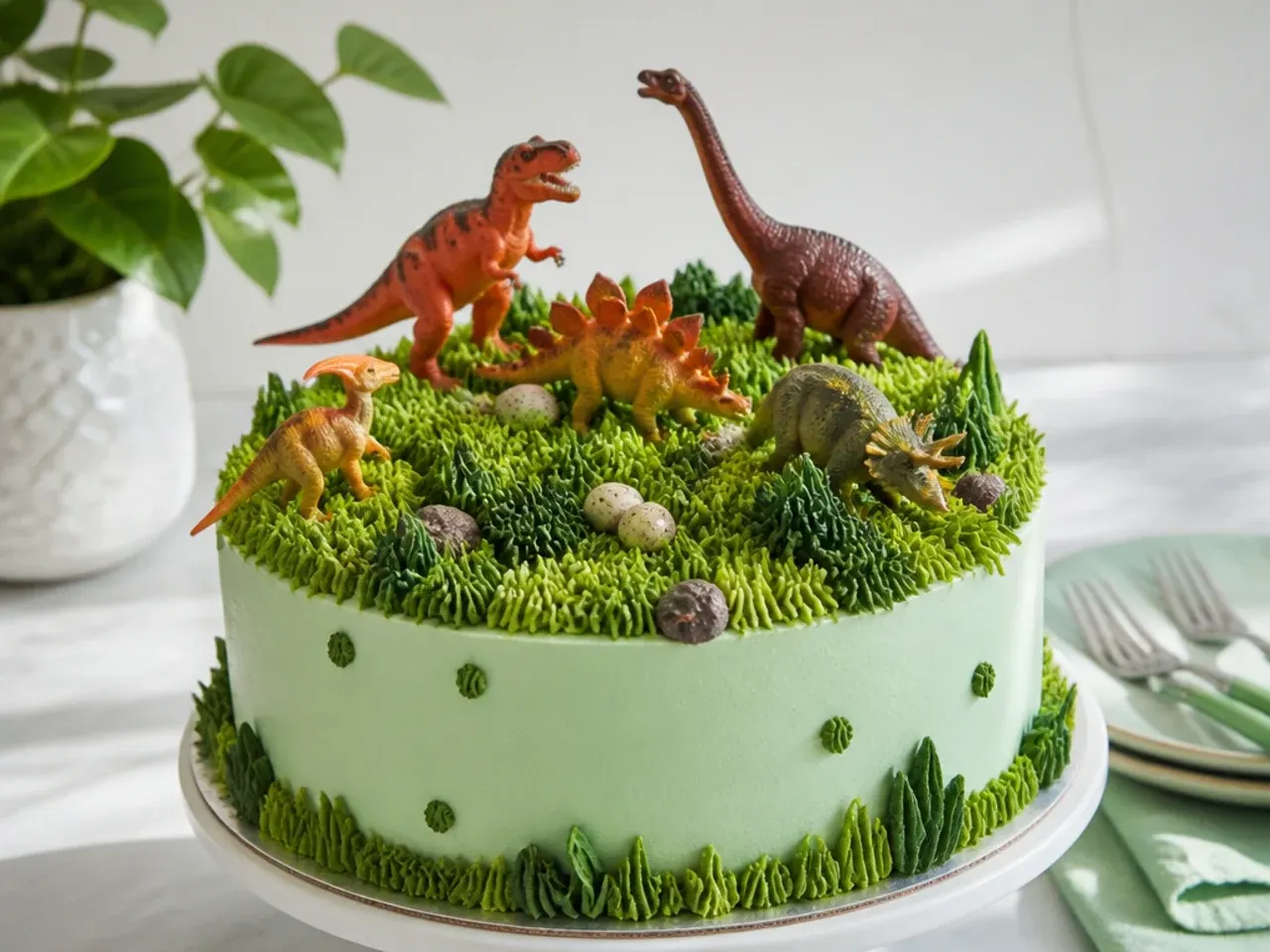 Playful dinosaur cake with piped buttercream grass and plastic dinosaur toppers