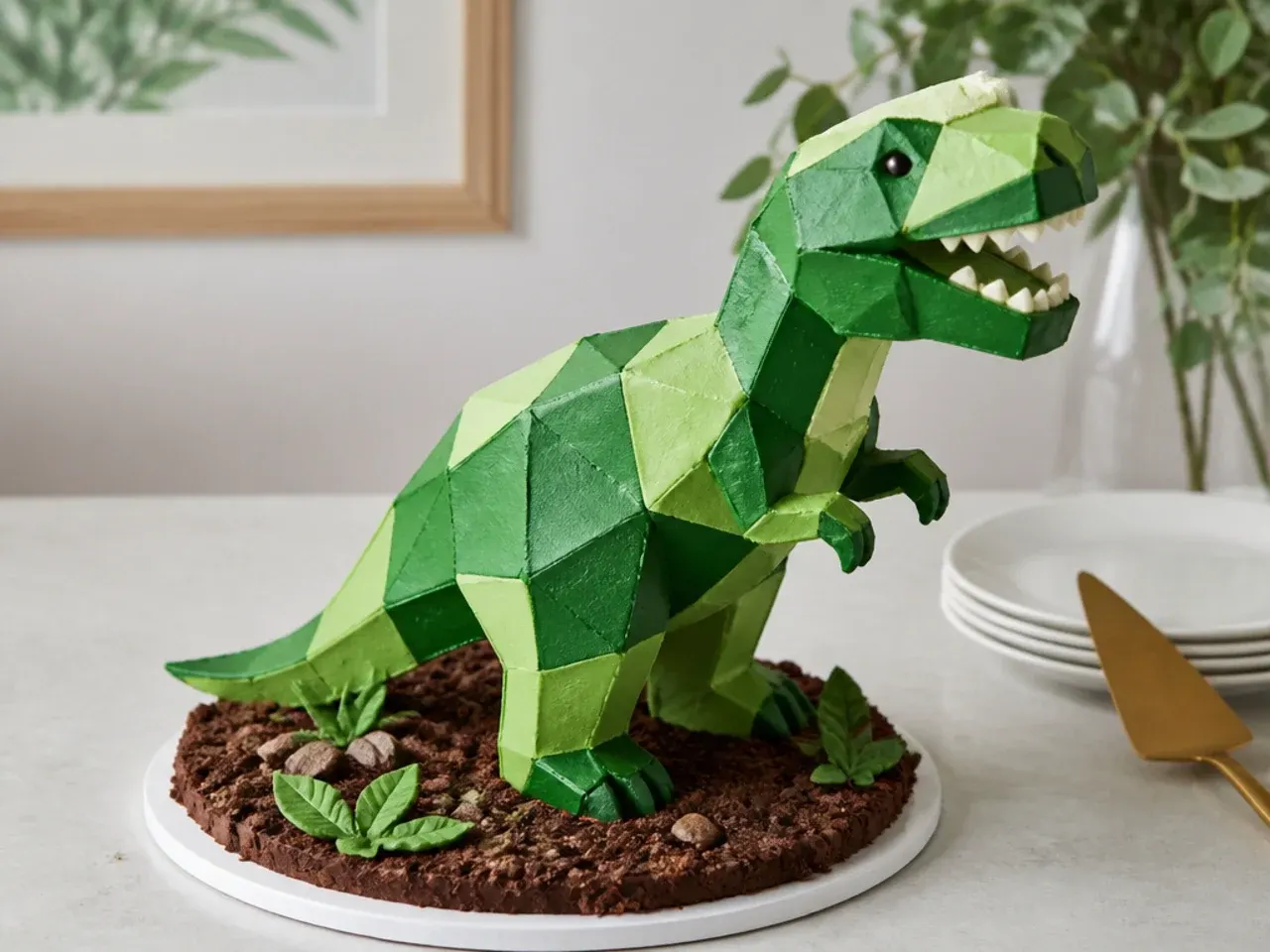 Modern geometric low-poly dinosaur cake with faceted two-tone green frosting