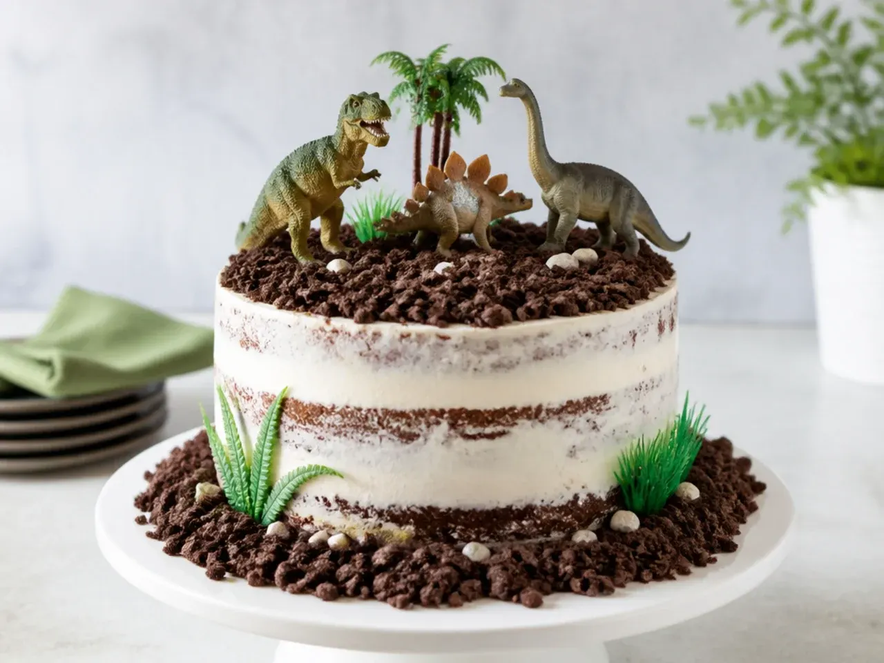 Rustic semi-naked dinosaur cake with cocoa cookie soil and exposed cake layers