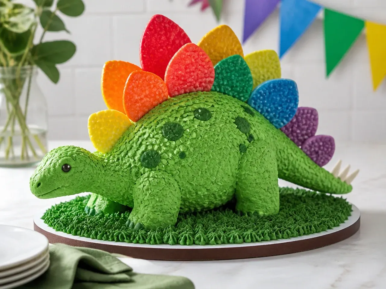 Colorful stegosaurus cake with rainbow candy back plates standing in green buttercream