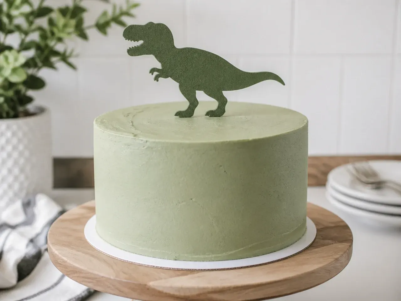 Minimal dinosaur cake with smooth sage buttercream and a single dino silhouette topper