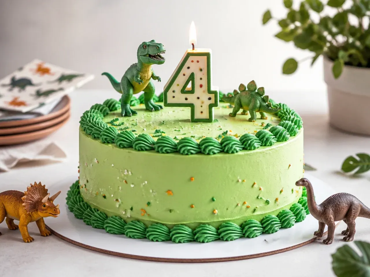Festive green dinosaur birthday cake with number candle, piped border and mini dino toys