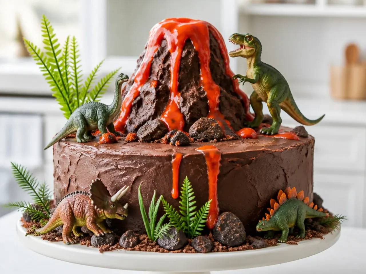 Whimsical dinosaur cake with a chocolate volcano and candy lava drip surrounded by toy dinos