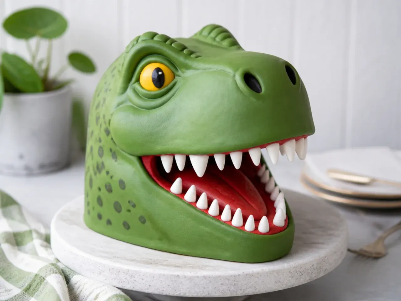 Bold green T-Rex head cake with fondant teeth and large candy eyes