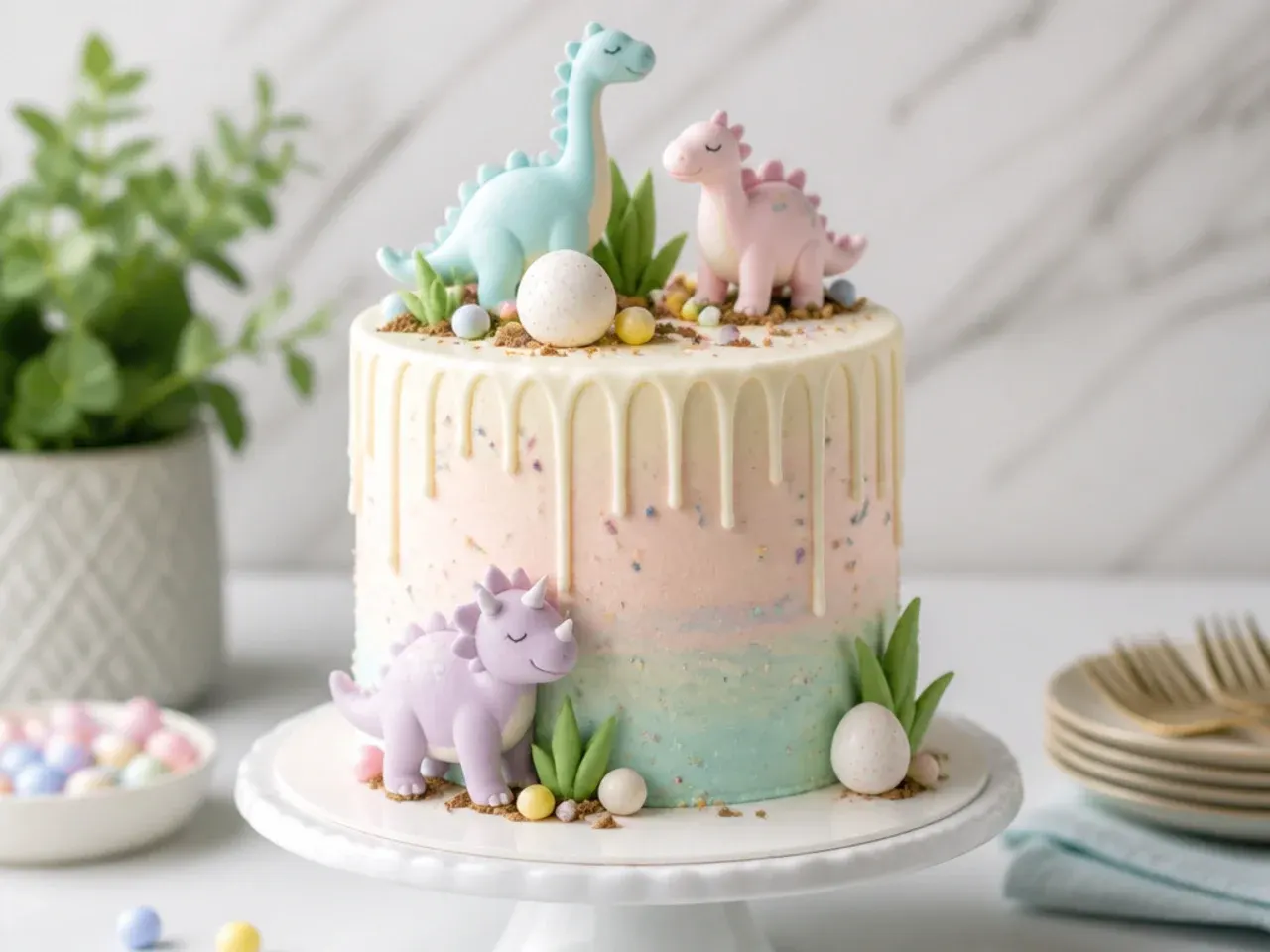 Delicate pastel dinosaur drip cake with white chocolate drip and small fondant dinos