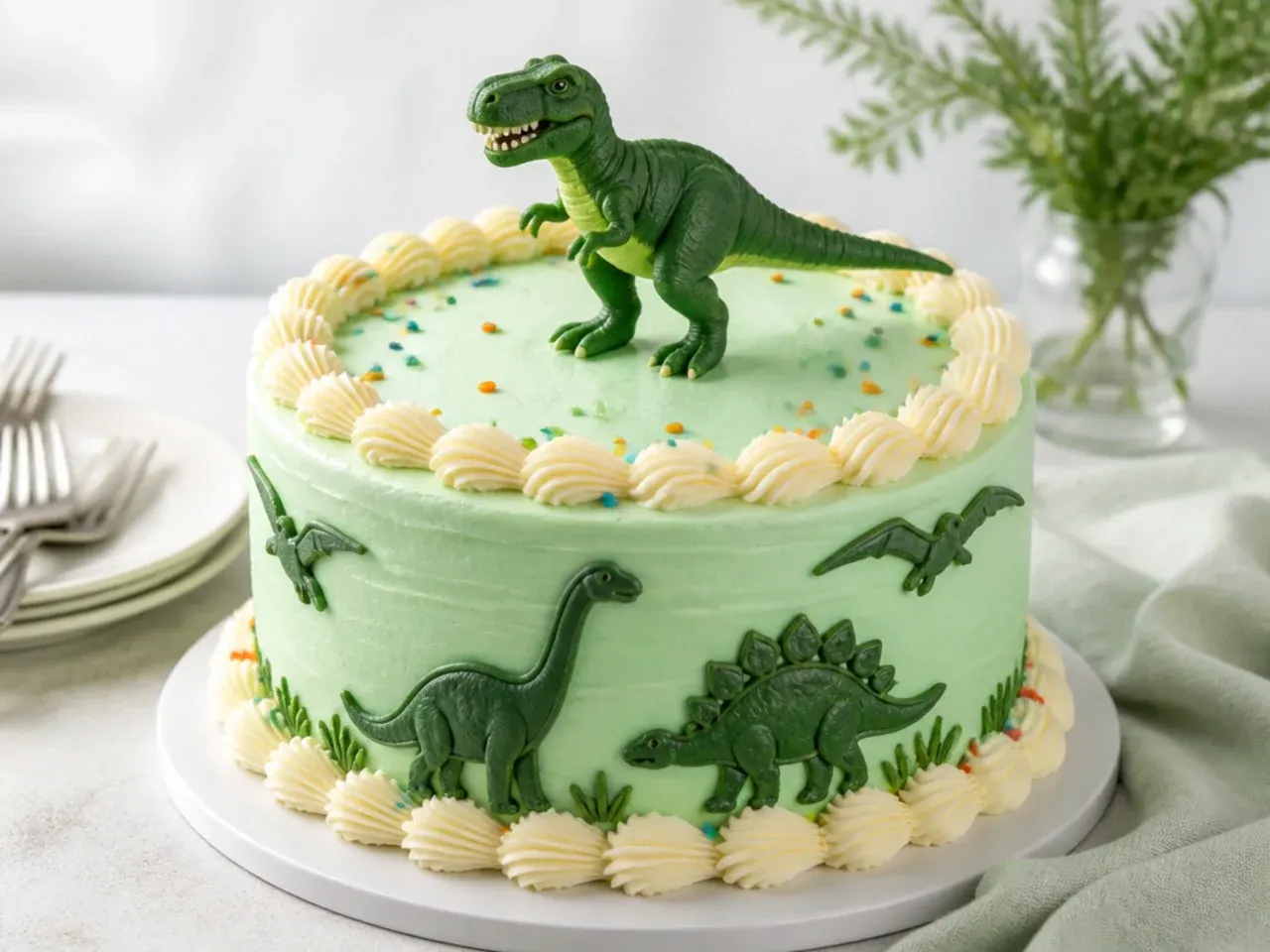 Vintage-style dinosaur cake with classic piped buttercream shell borders and a dino topper