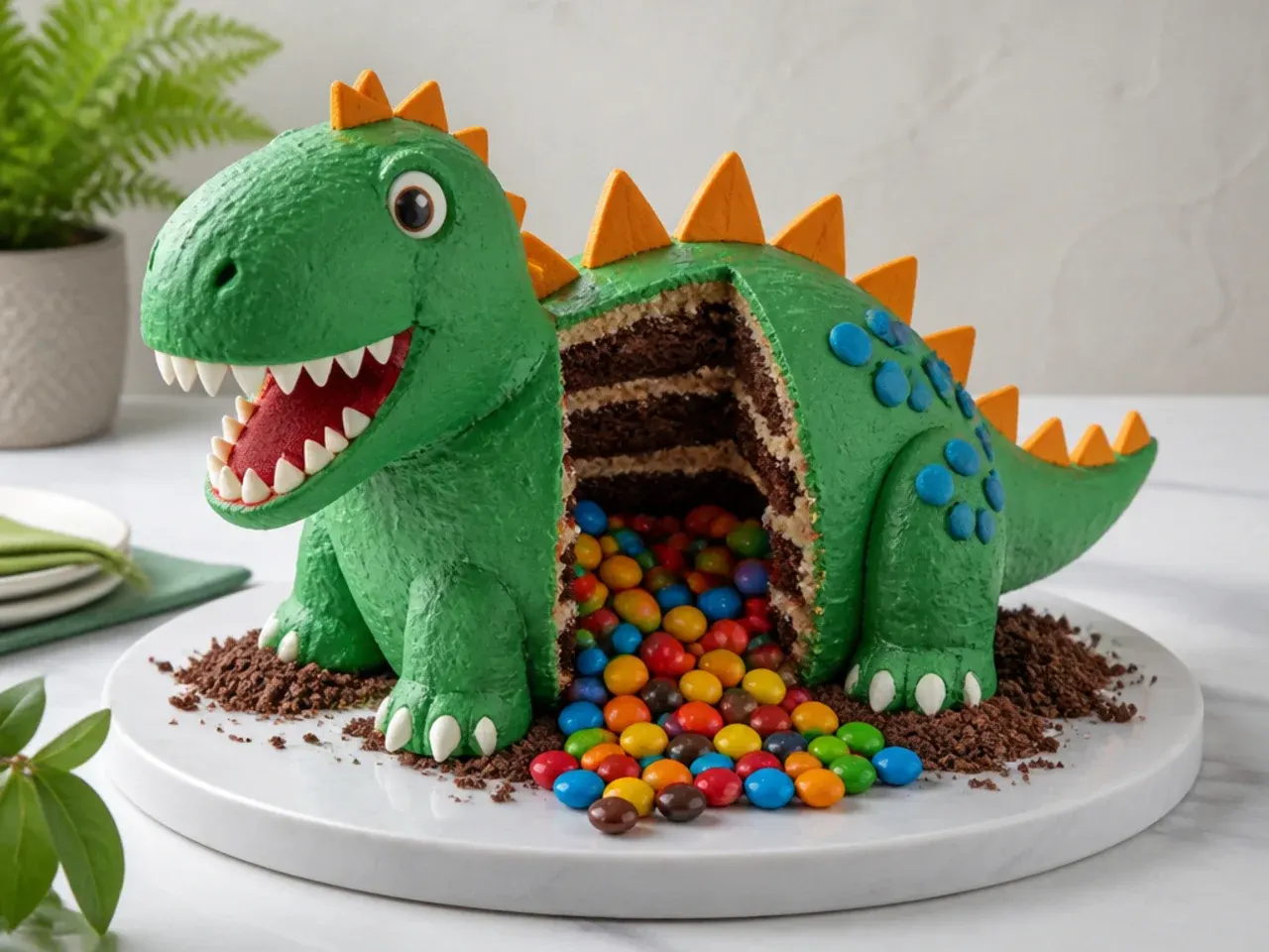 Creative dinosaur pinata cake with hidden candy surprise spilling from the center
