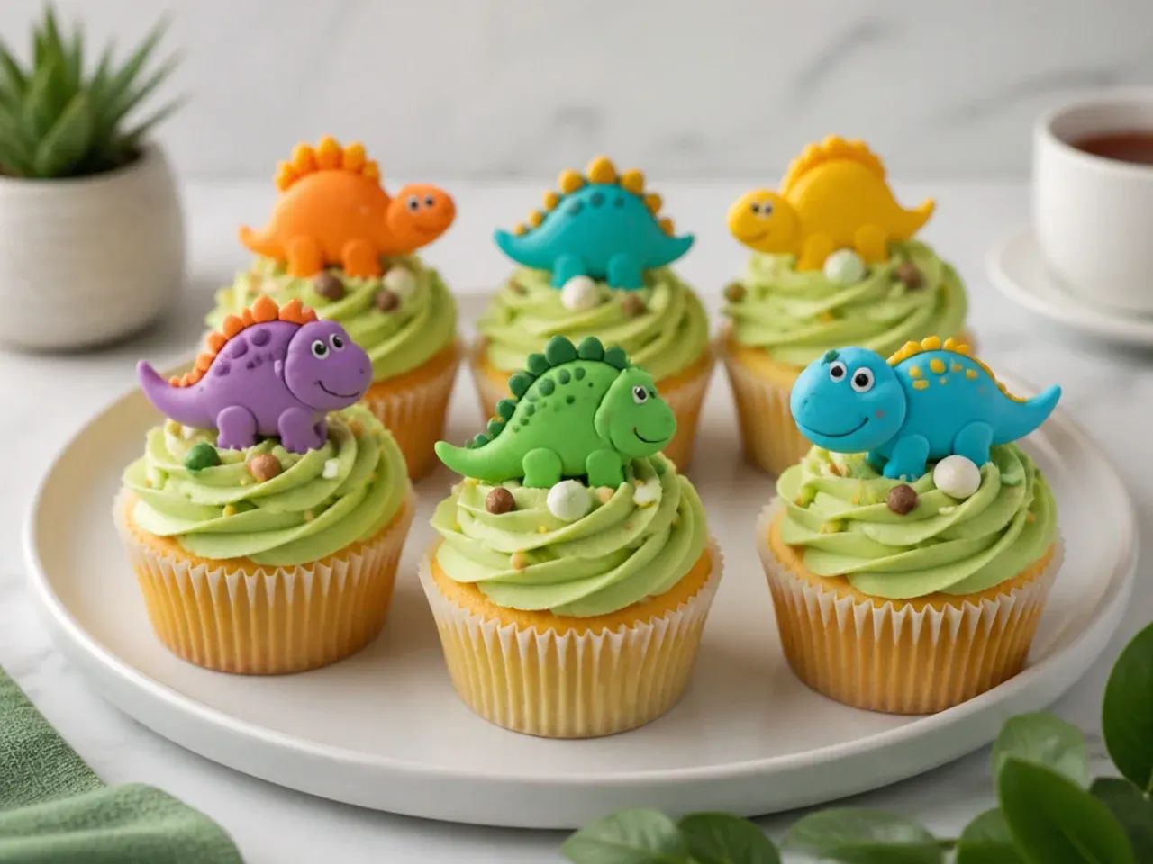 Charming herd of mini dinosaur cupcakes with green swirls and fondant dino toppers