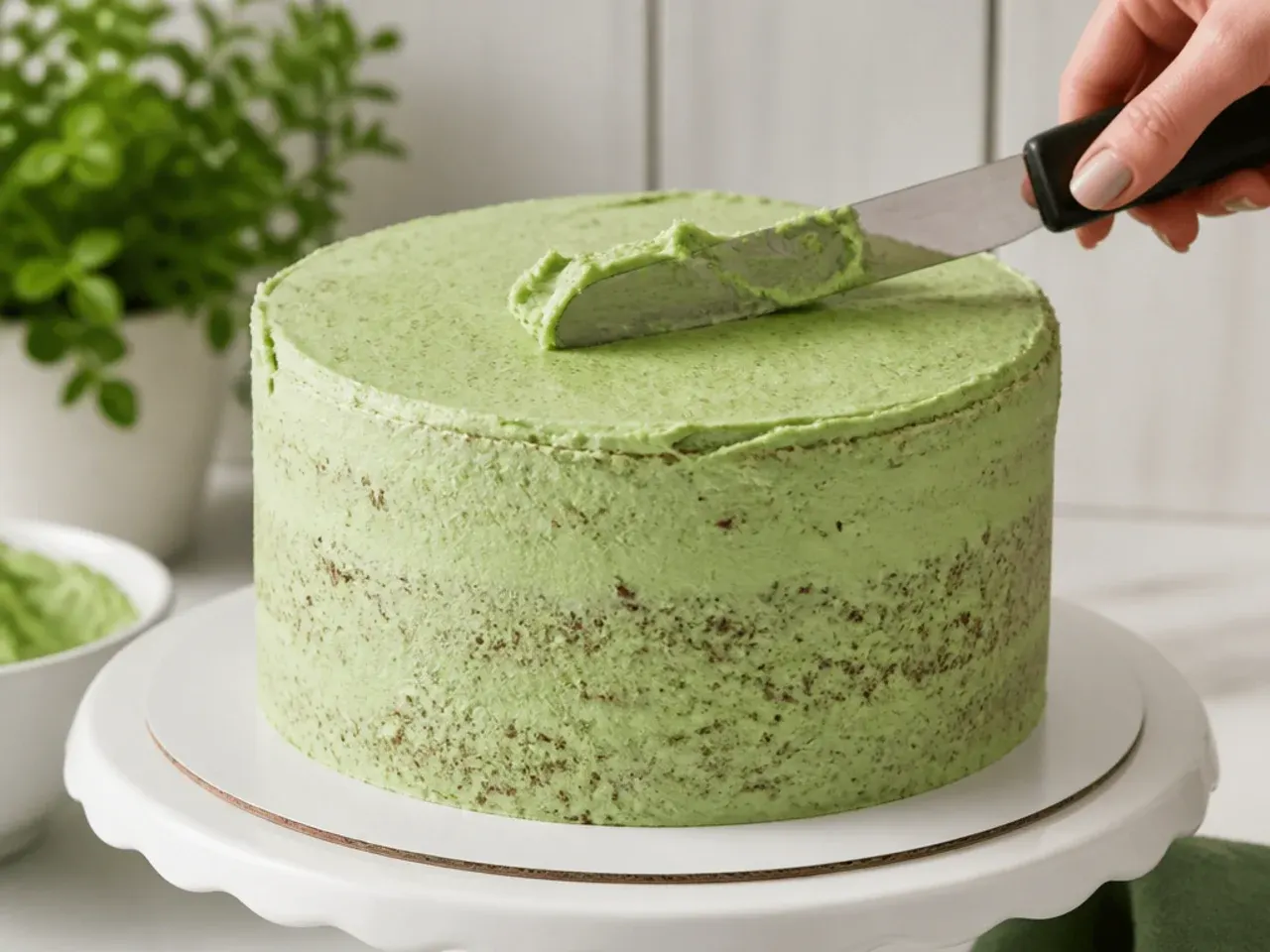 Beginner tips for decorating a simple dinosaur cake with crumb coat and green buttercream