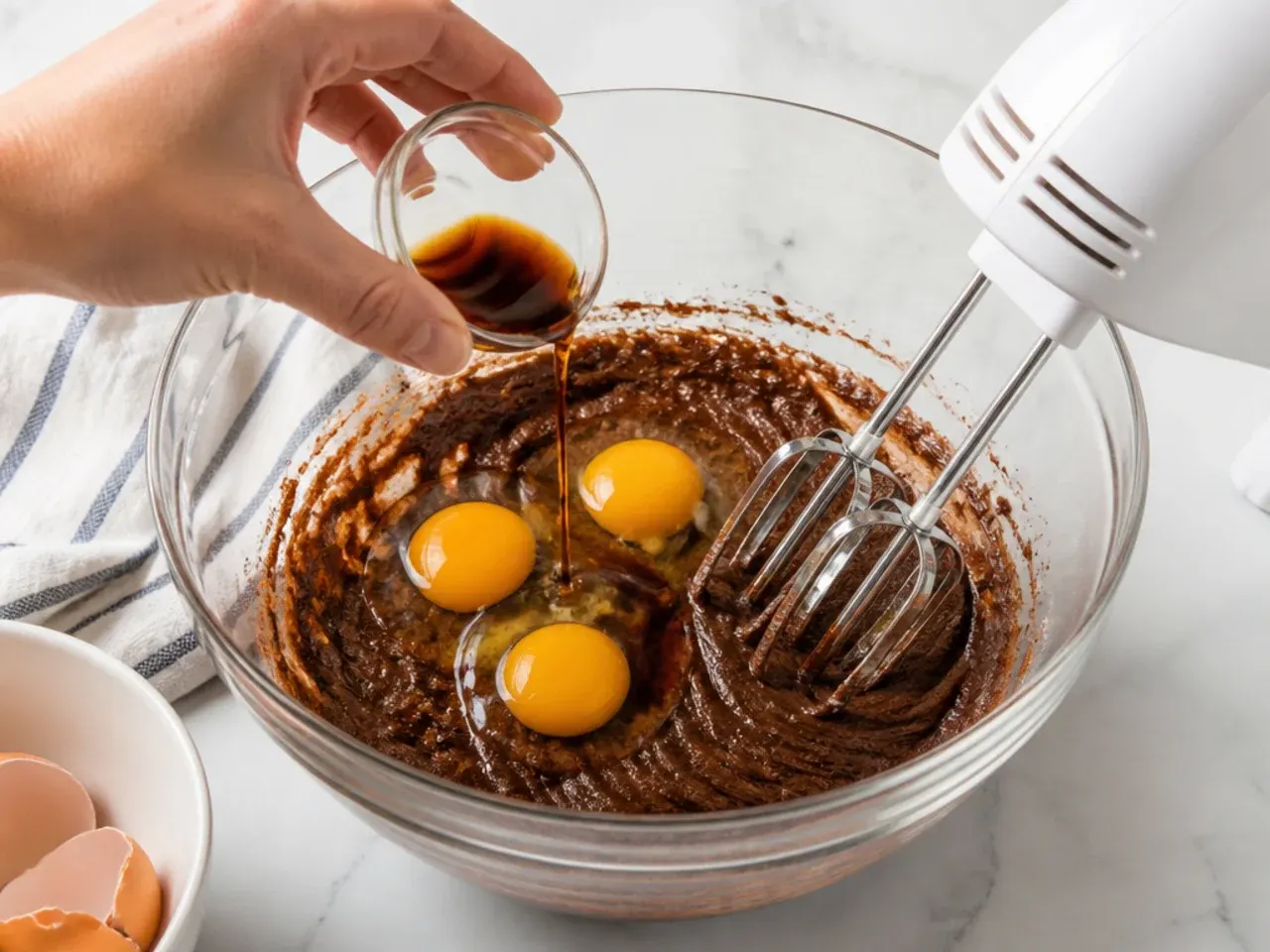 simple football cake — step 3: add eggs and vanilla