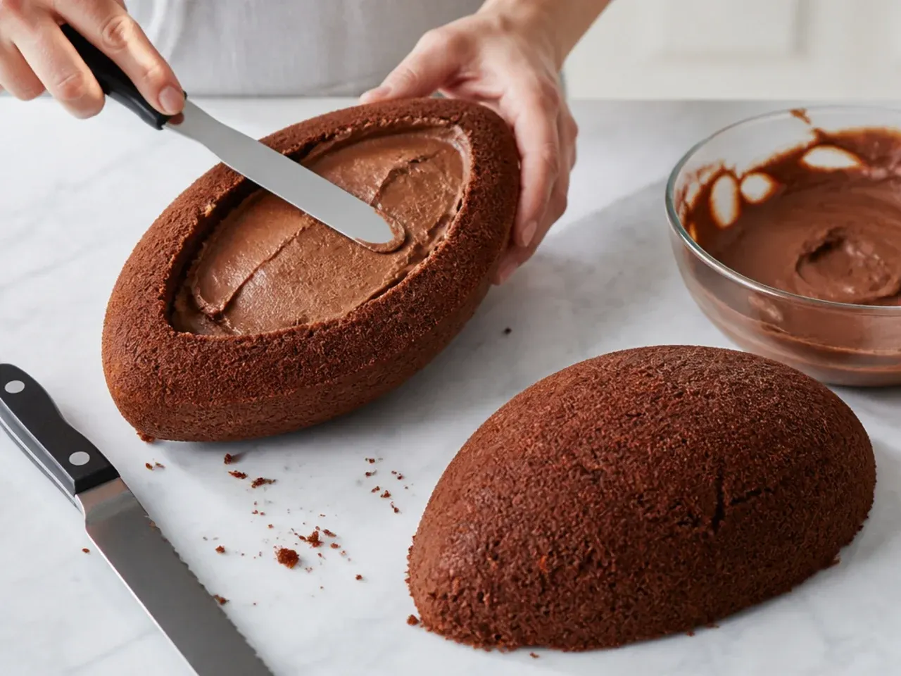 simple football cake — step 6: shape and fill the football