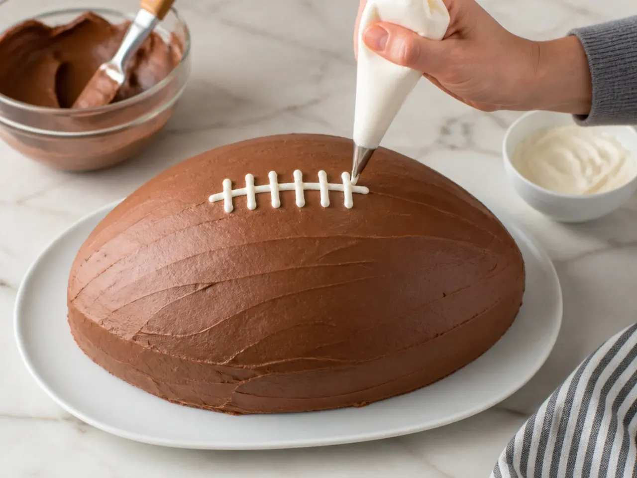 simple football cake — step 7: frost and add the laces