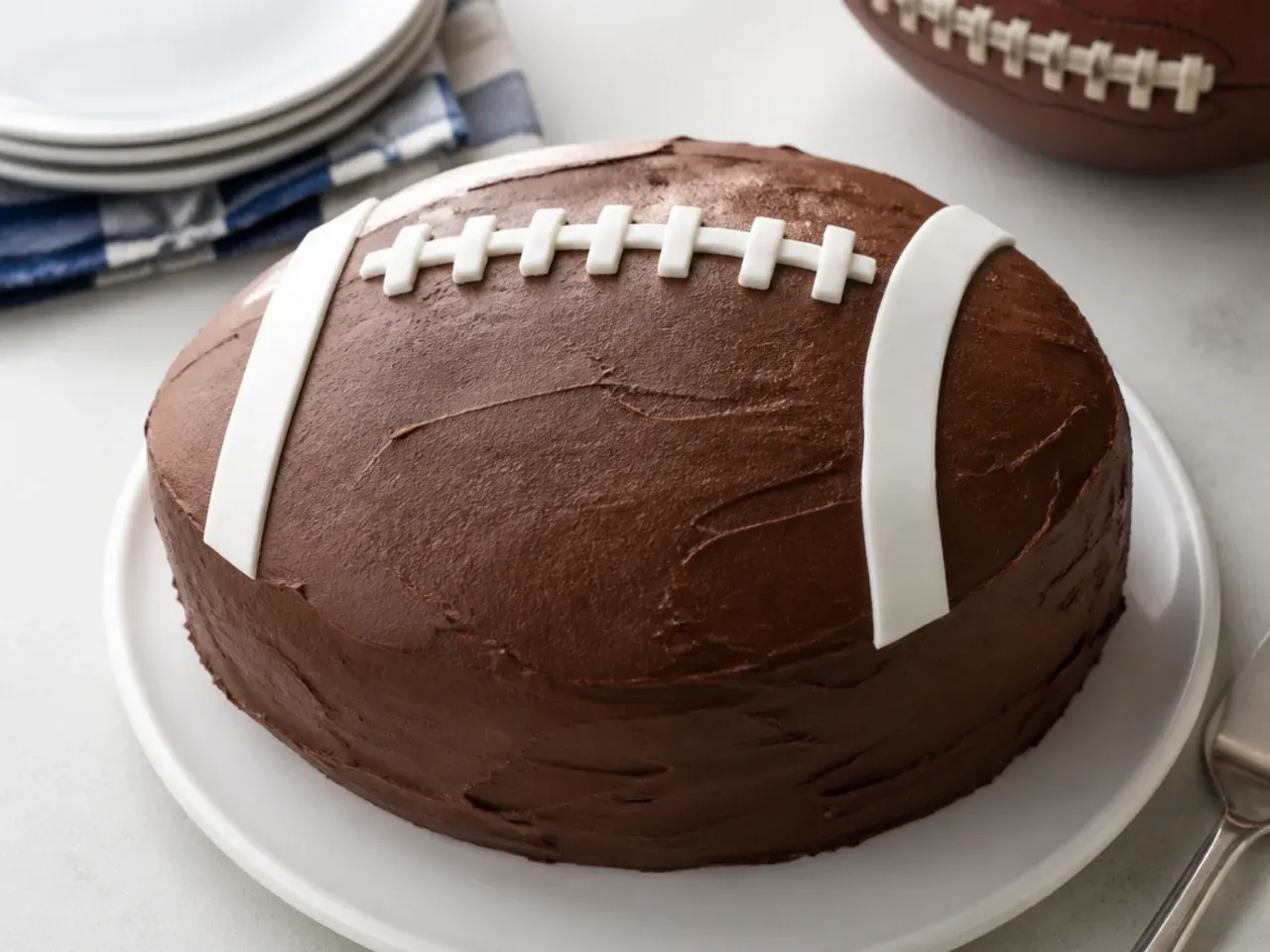 Classic simple football cake shaped from two round sponges and covered in chocolate buttercream