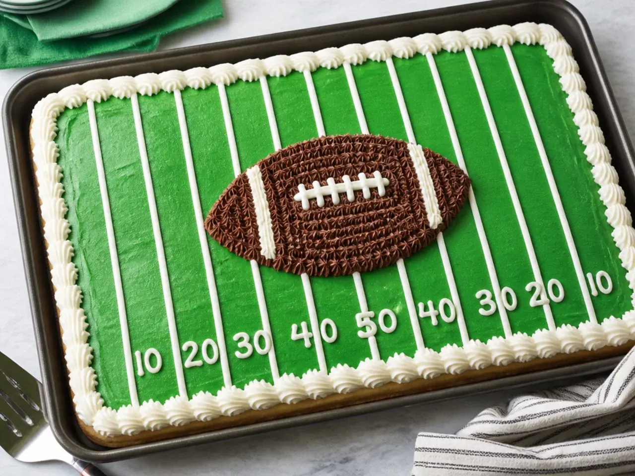 Easy no-carve football cake decorated flat on a rectangular sheet pan