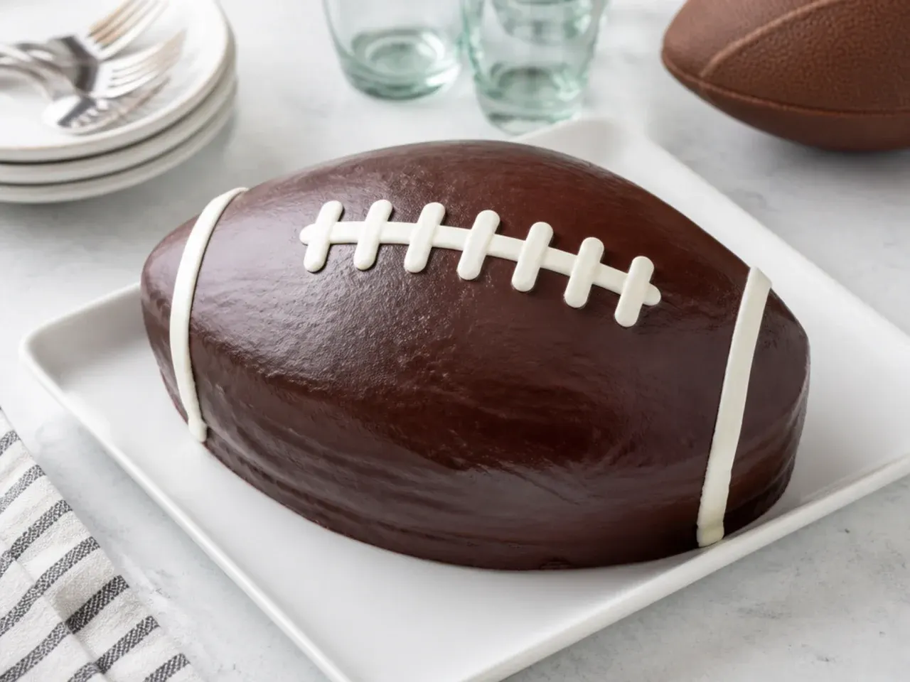 Elegant football cake coated in glossy dark chocolate ganache with white laces