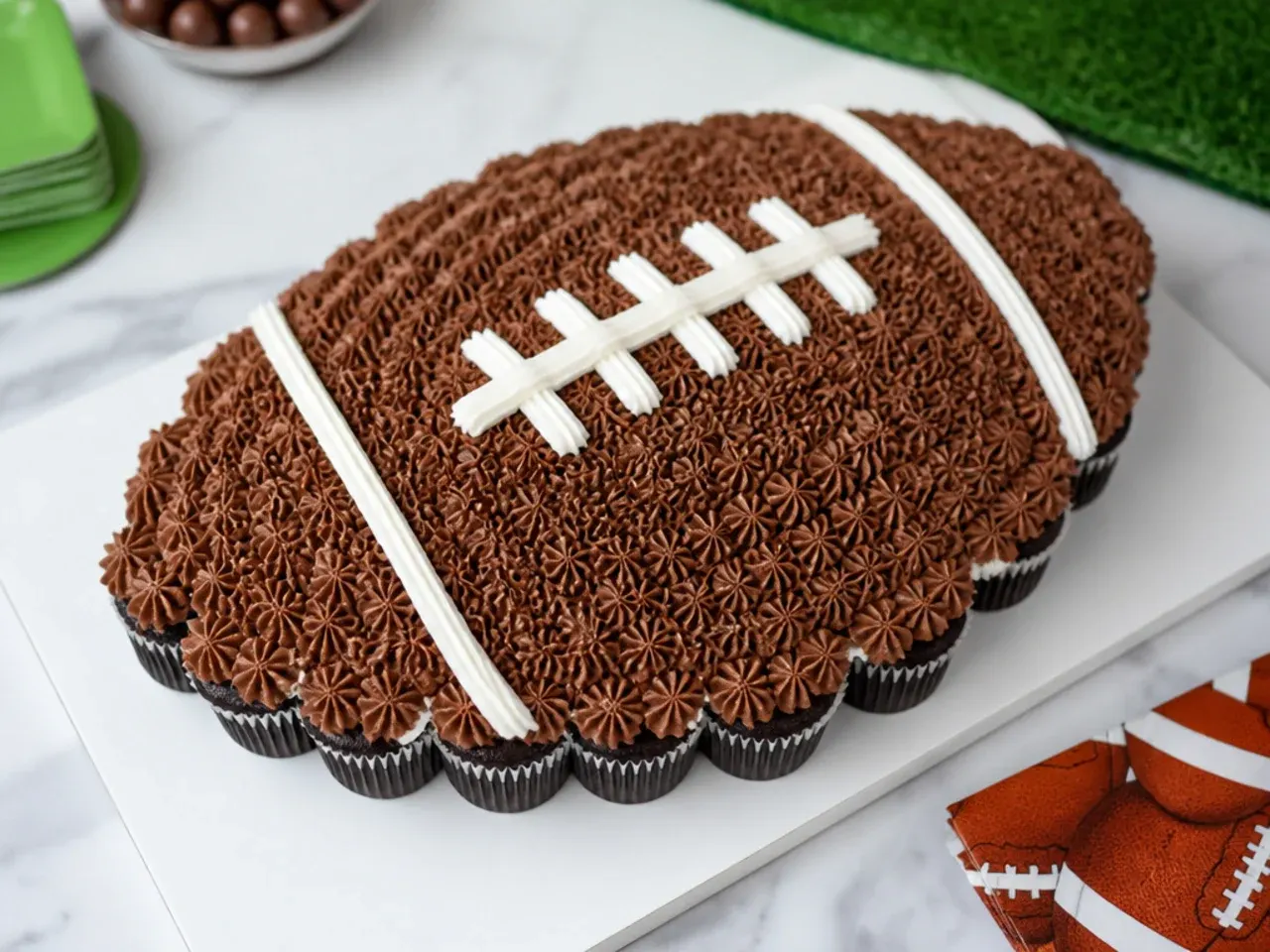 Playful pull-apart football cake made from cupcakes arranged in an oval