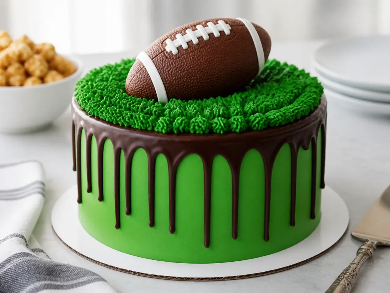 Modern football cake with smooth buttercream and a chocolate drip finish