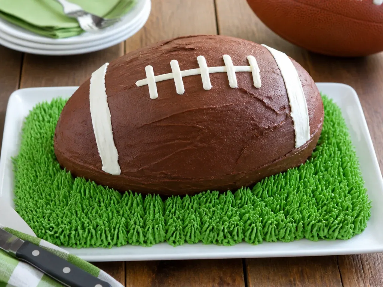 Rustic football cake sitting on a piped green buttercream grass field