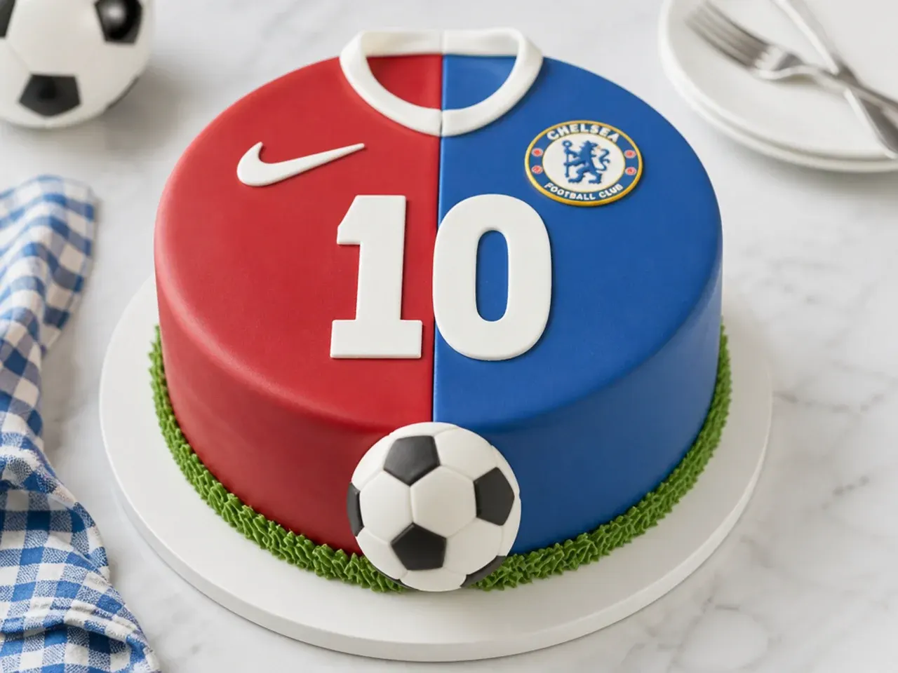 Colorful football cake decorated in two team colours with a jersey number