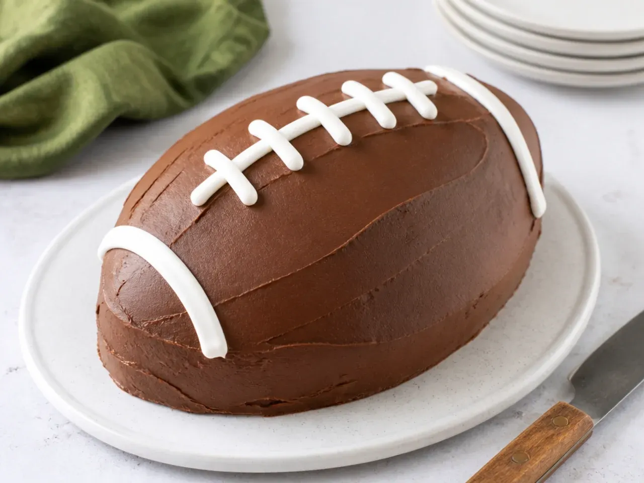 Minimal simple football cake with smooth chocolate buttercream and white laces