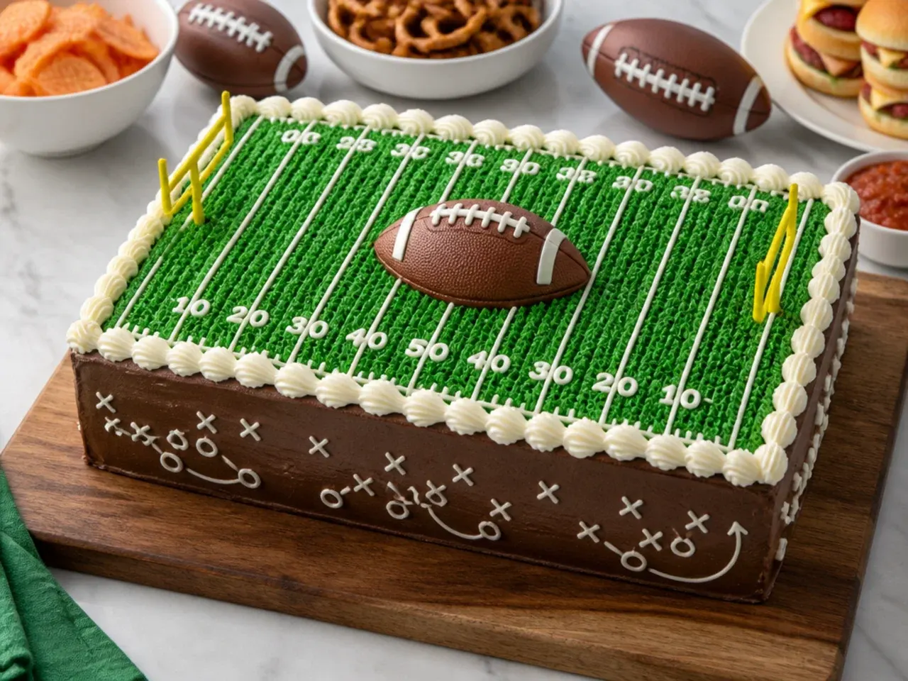 Festive game-day football cake on a board surrounded by snacks and mini footballs