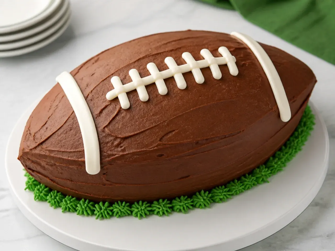 Whimsical football cake with crisp white fondant laces on chocolate buttercream