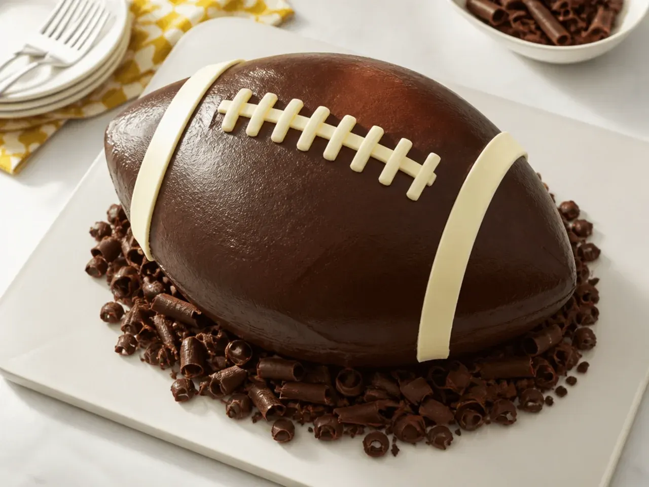 Bold all-chocolate football cake with ganache shell and chocolate curls