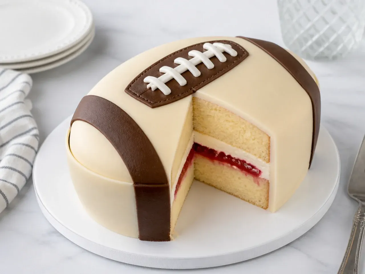 Delicate pale football cake filled with vanilla buttercream and raspberry jam