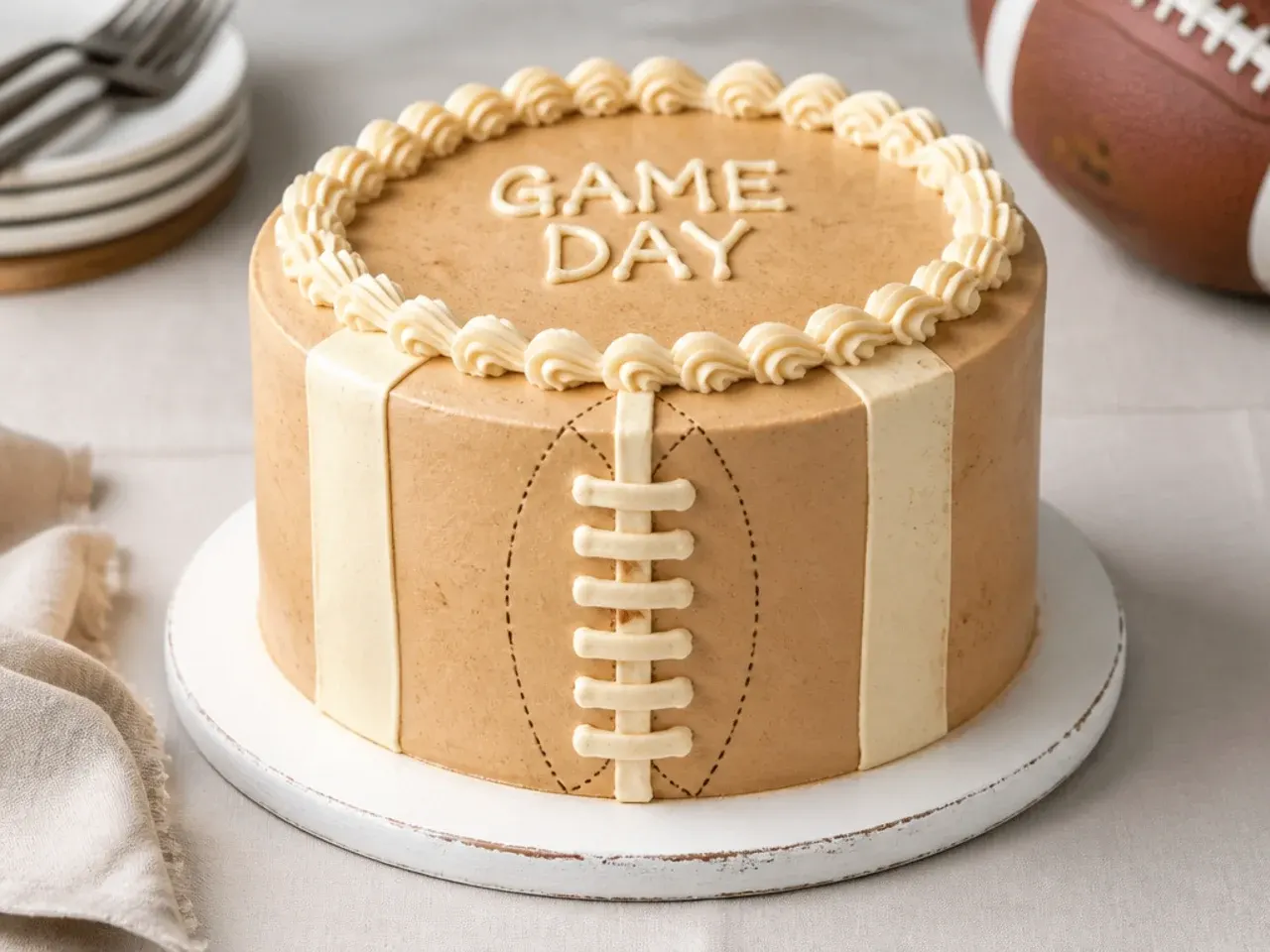 Vintage-styled football cake in muted retro tan and cream tones