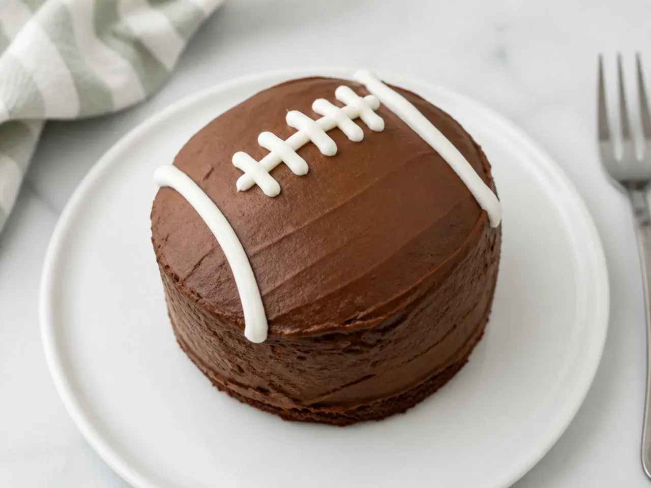 Creative mini individual football cakes each piped with tiny white laces