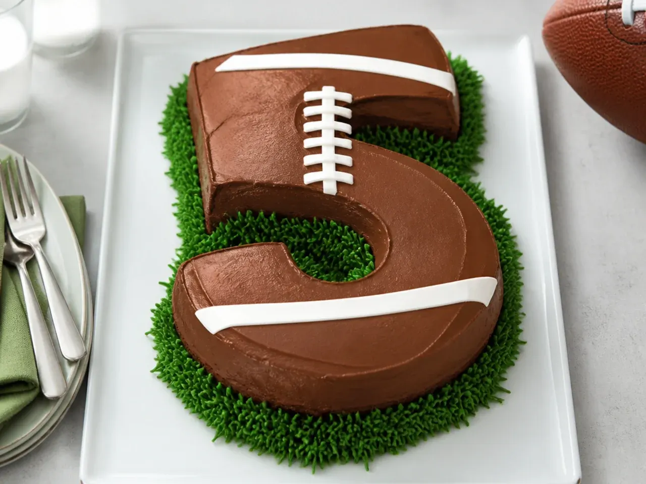 Charming football-themed number birthday cake decorated with laces and grass