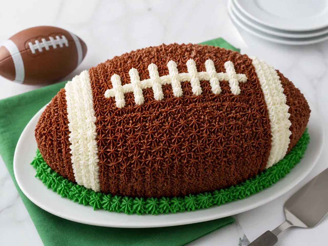 Beginner tips for making a simple football cake with buttercream and piping