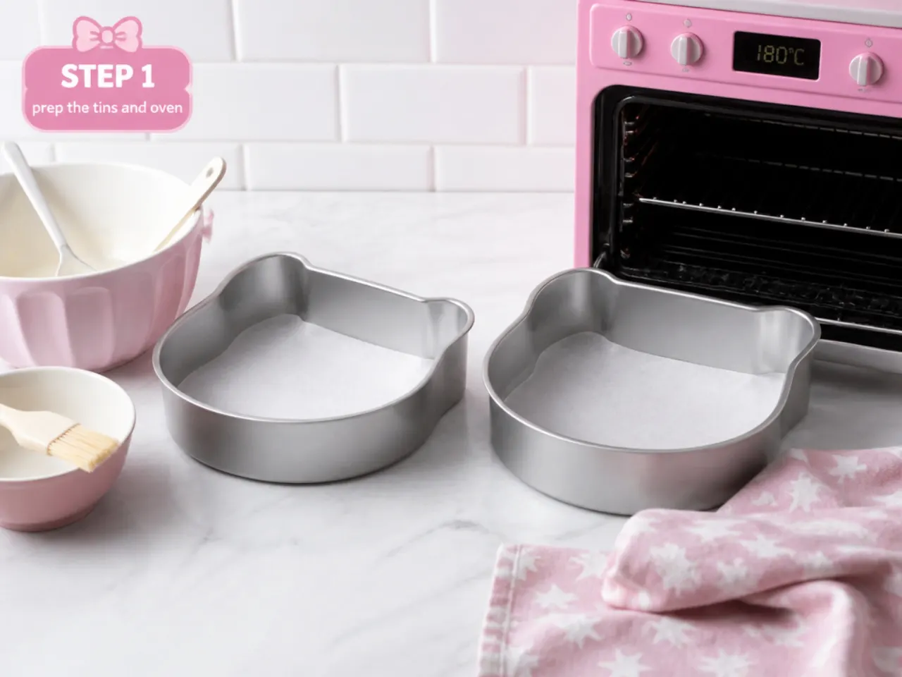 simple hello kitty cake — step 1: prep the tins and oven