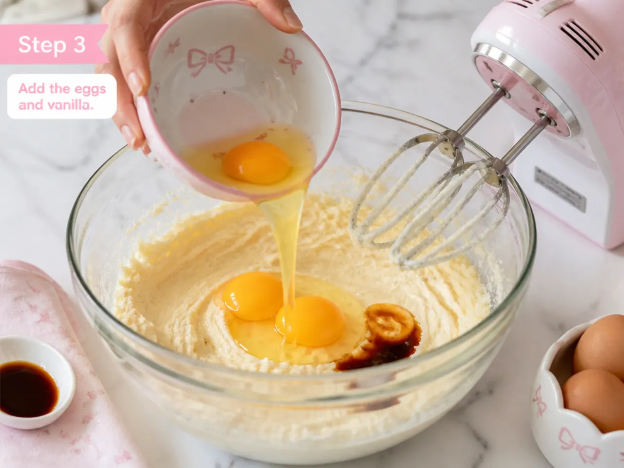 simple hello kitty cake — step 3: add the eggs and vanilla