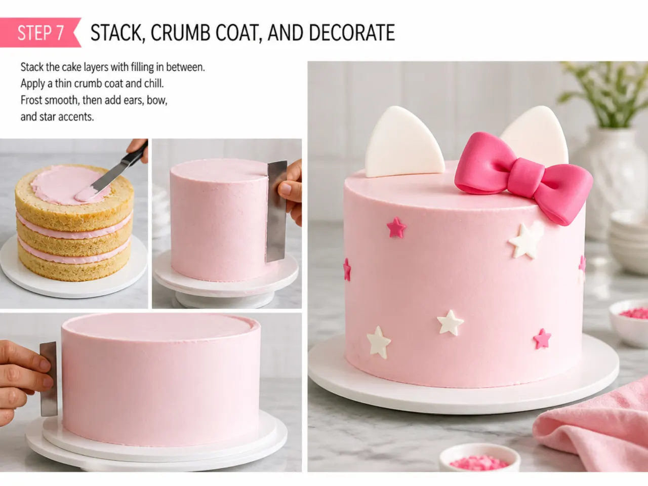 simple hello kitty cake — step 7: stack, crumb coat, and decorate