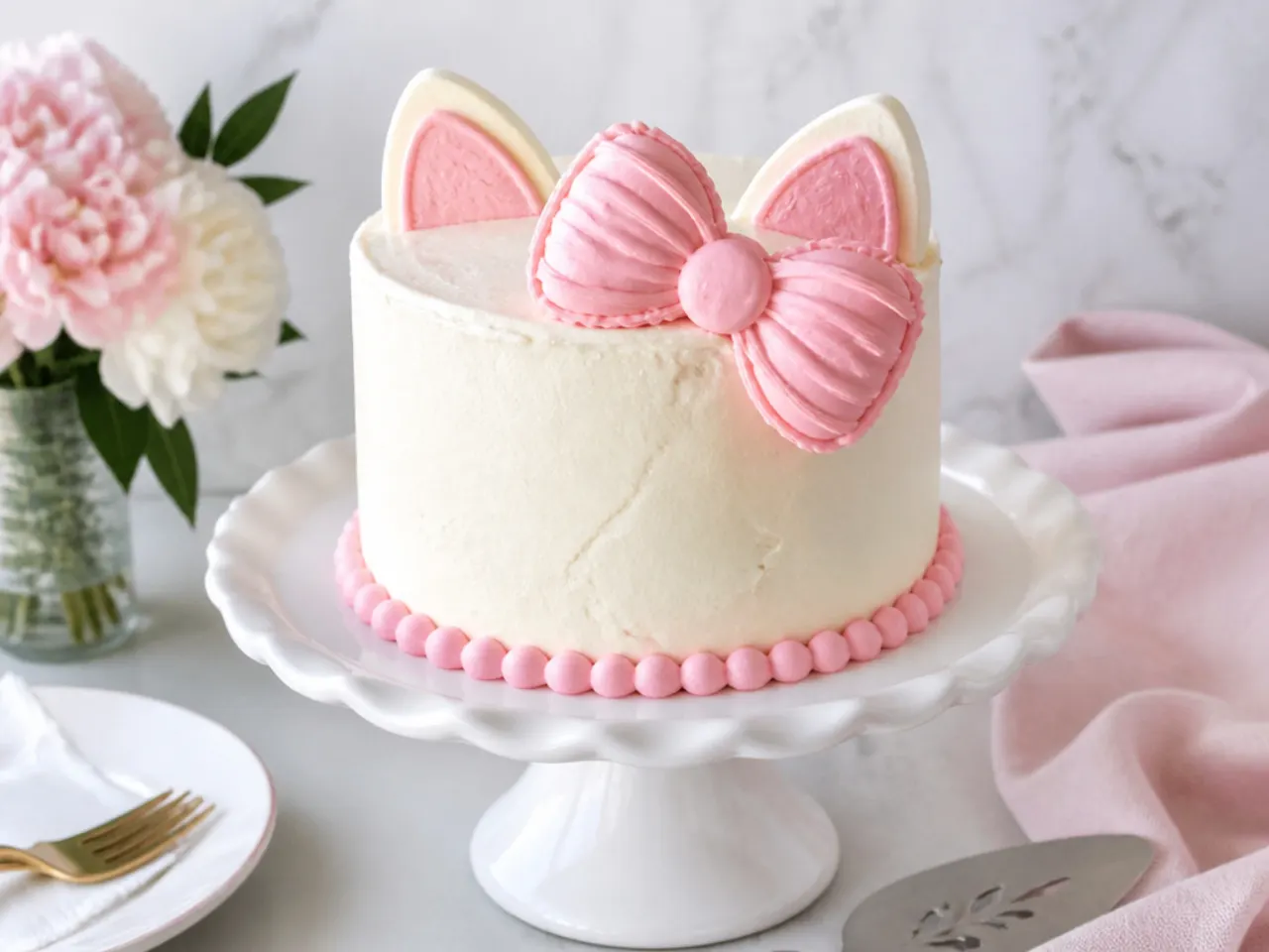 Simple hello kitty cake with white buttercream and large piped pink bow on a cake stand