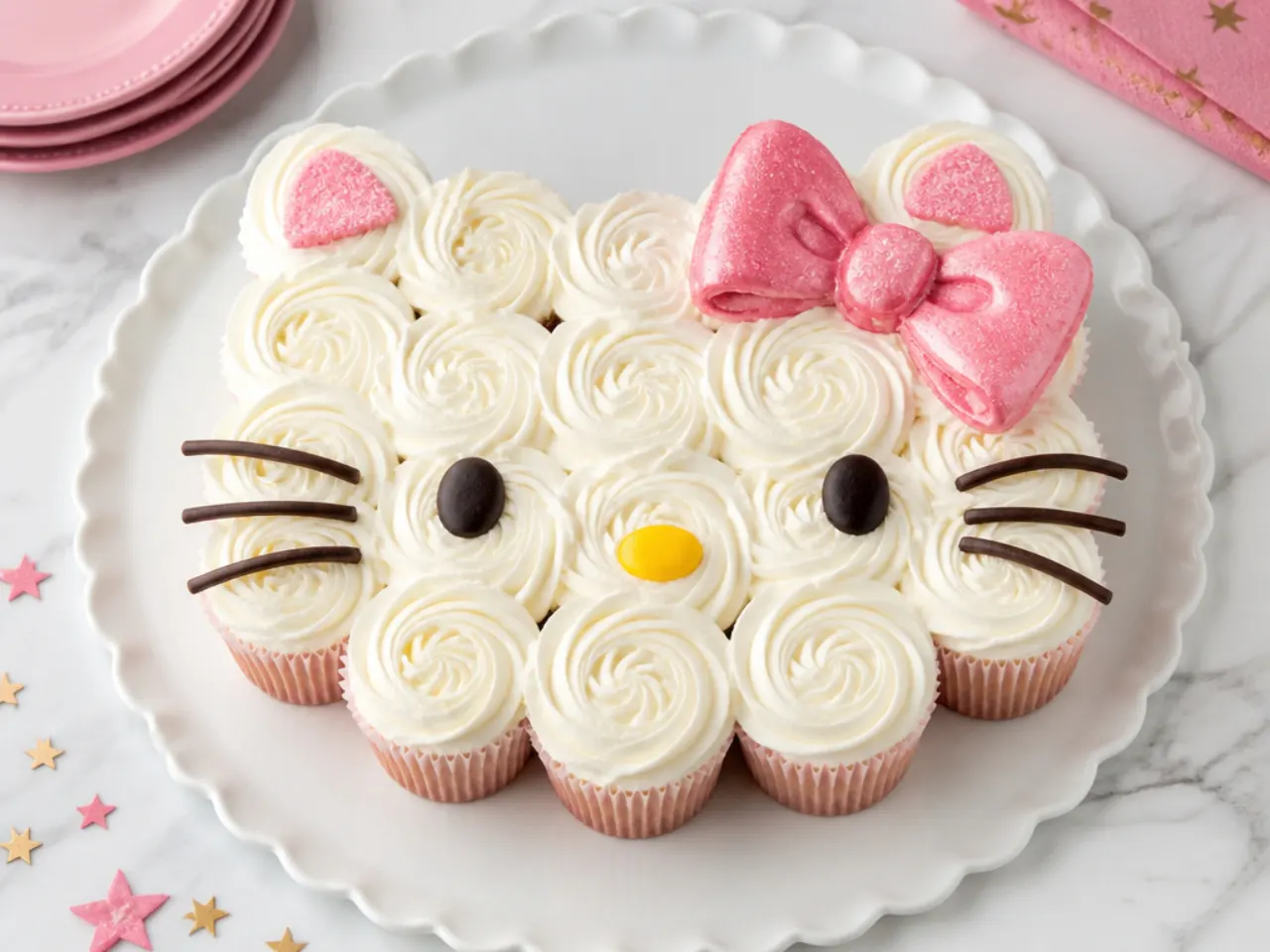 Easy hello kitty cupcake pull-apart cake with white icing and pink bow for a kids party