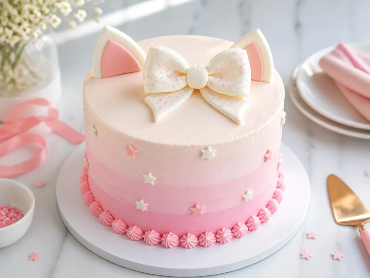 Elegant simple hello kitty cake with blush pink ombre buttercream and white bow