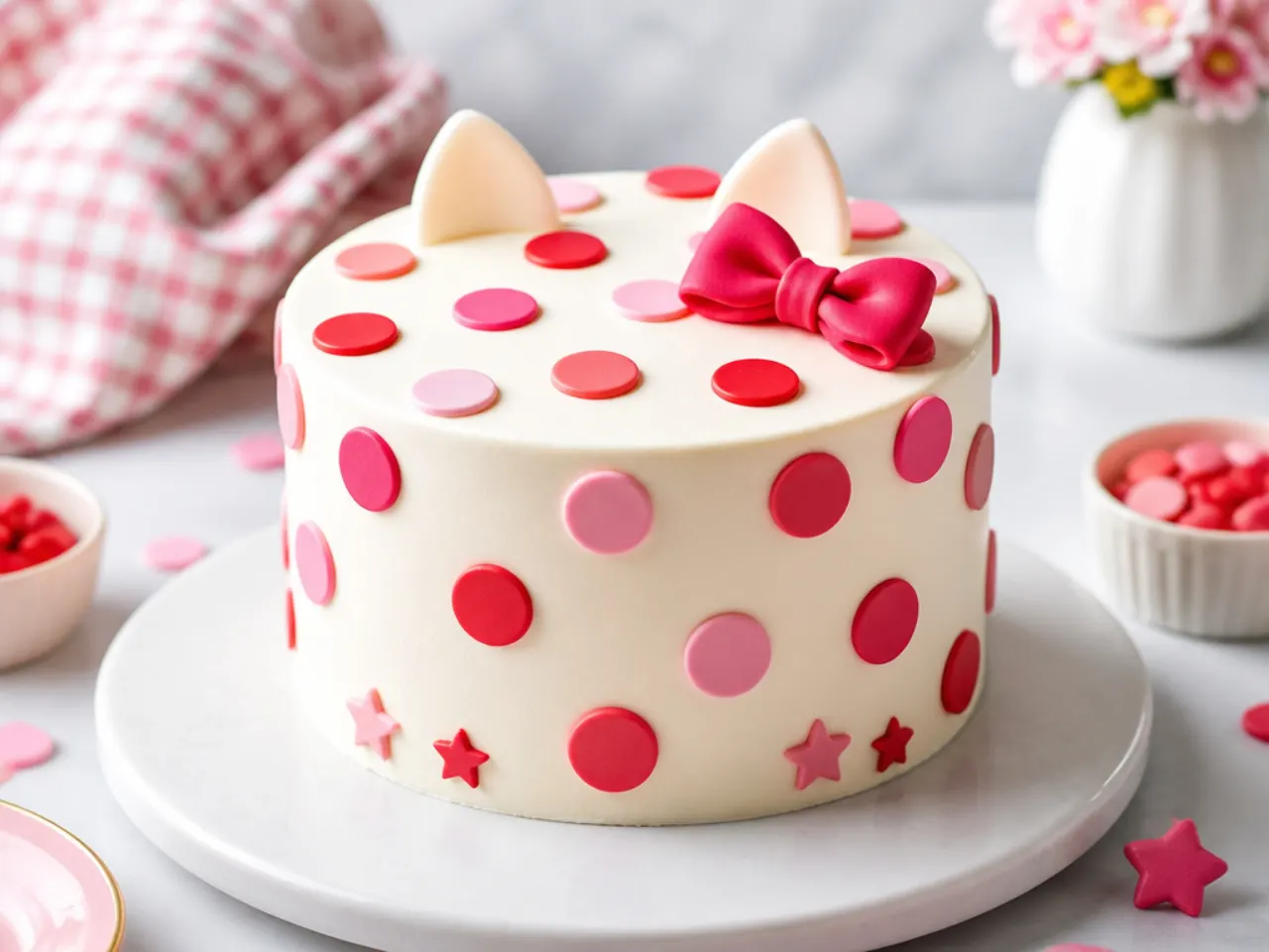 Playful hello kitty inspired polka dot cake with pink and red dots on white buttercream