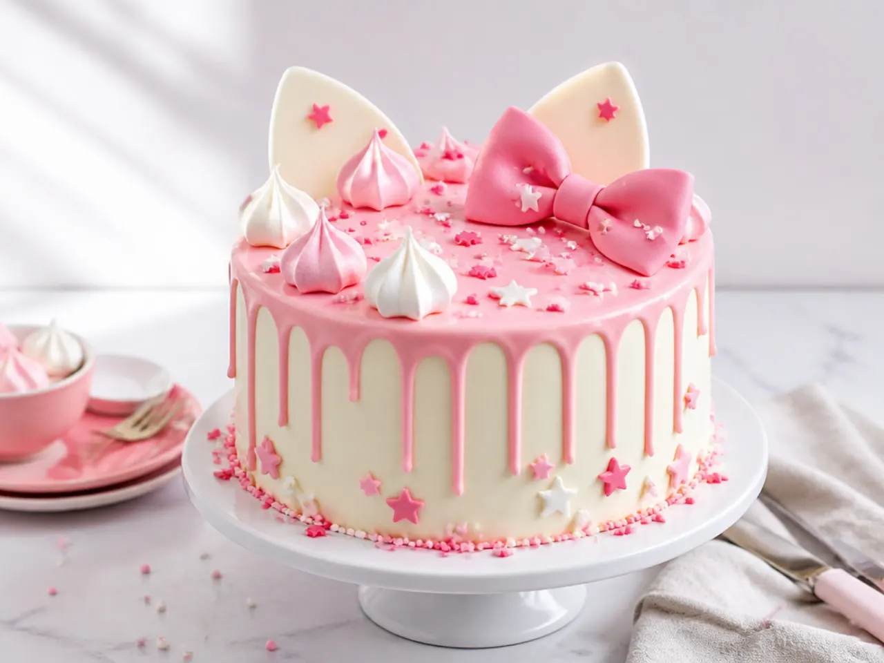 Modern simple hello kitty cake with pink white chocolate drip and meringue kisses