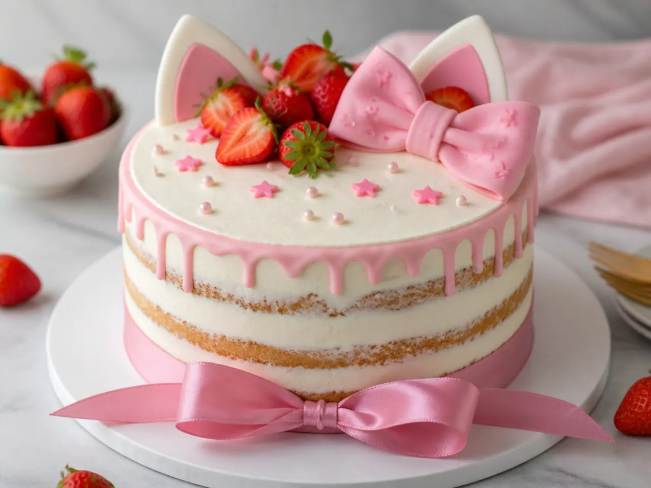 Rustic semi-naked hello kitty theme cake with fresh strawberries and pink ribbon bow