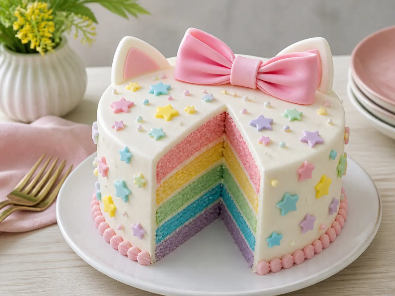 Colorful simple hello kitty cake sliced open showing pastel rainbow layers inside